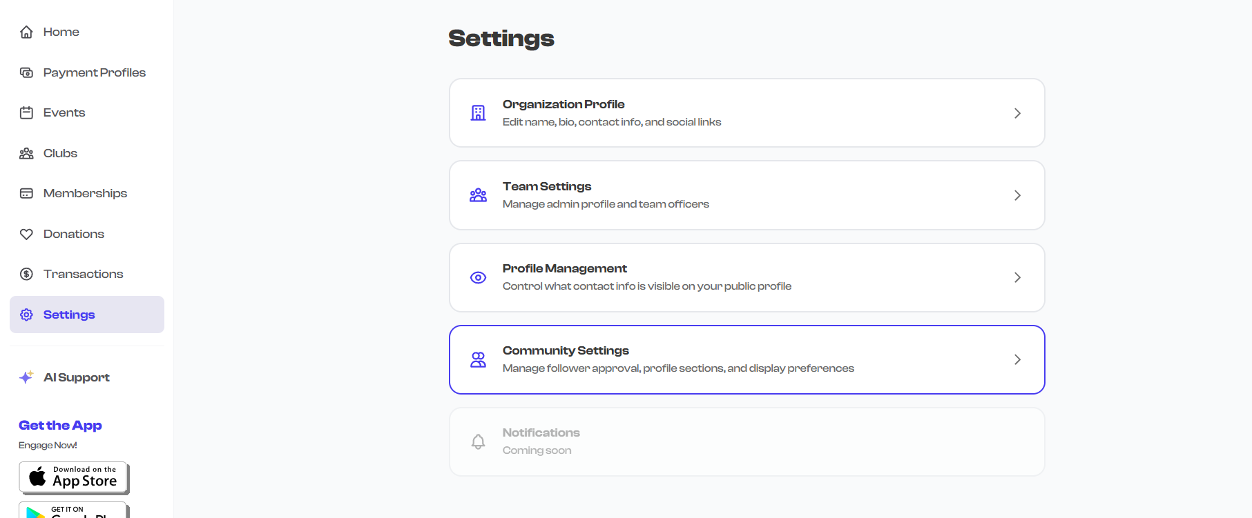 Settings side panel showing Community Settings section