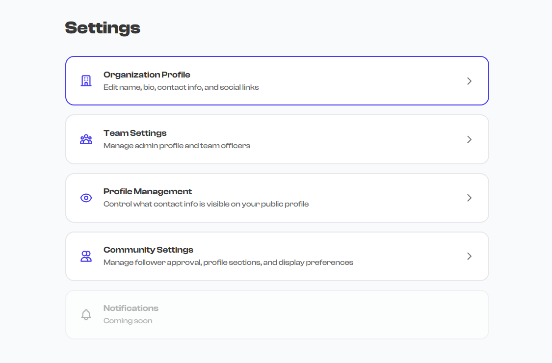 Organization Profile settings page