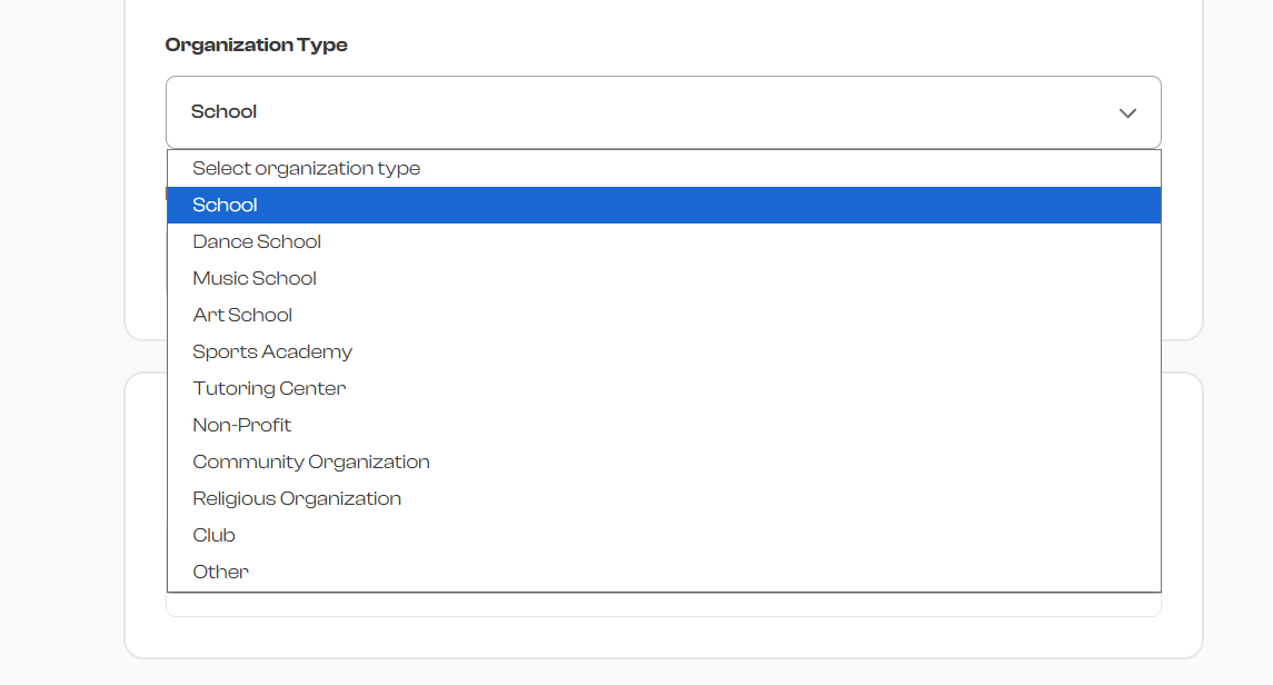 Organization Type dropdown