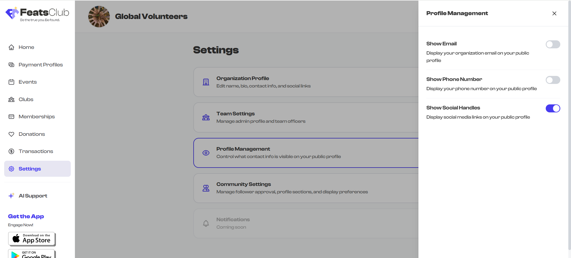 Public organization profile showing social media links when Show Social Handles is enabled