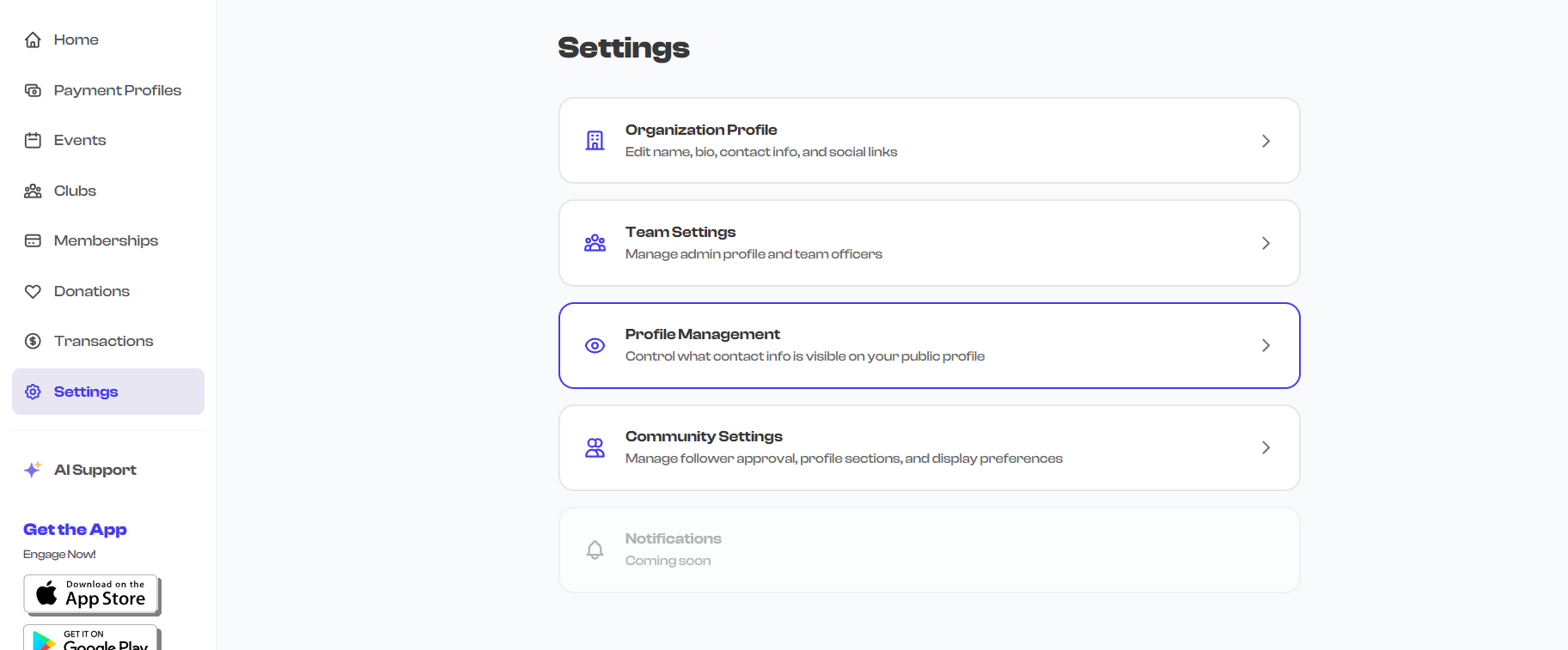 Settings side panel showing Profile Visibility toggles under Profile Management