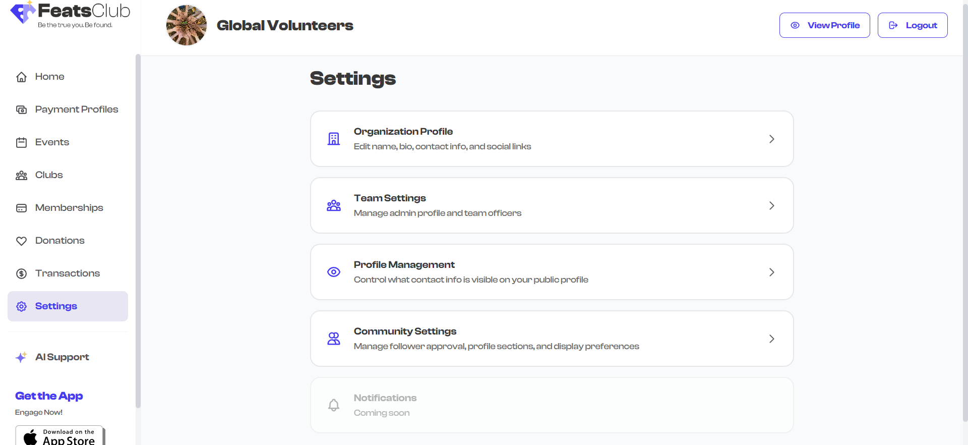 Settings page in the dashboard sidebar