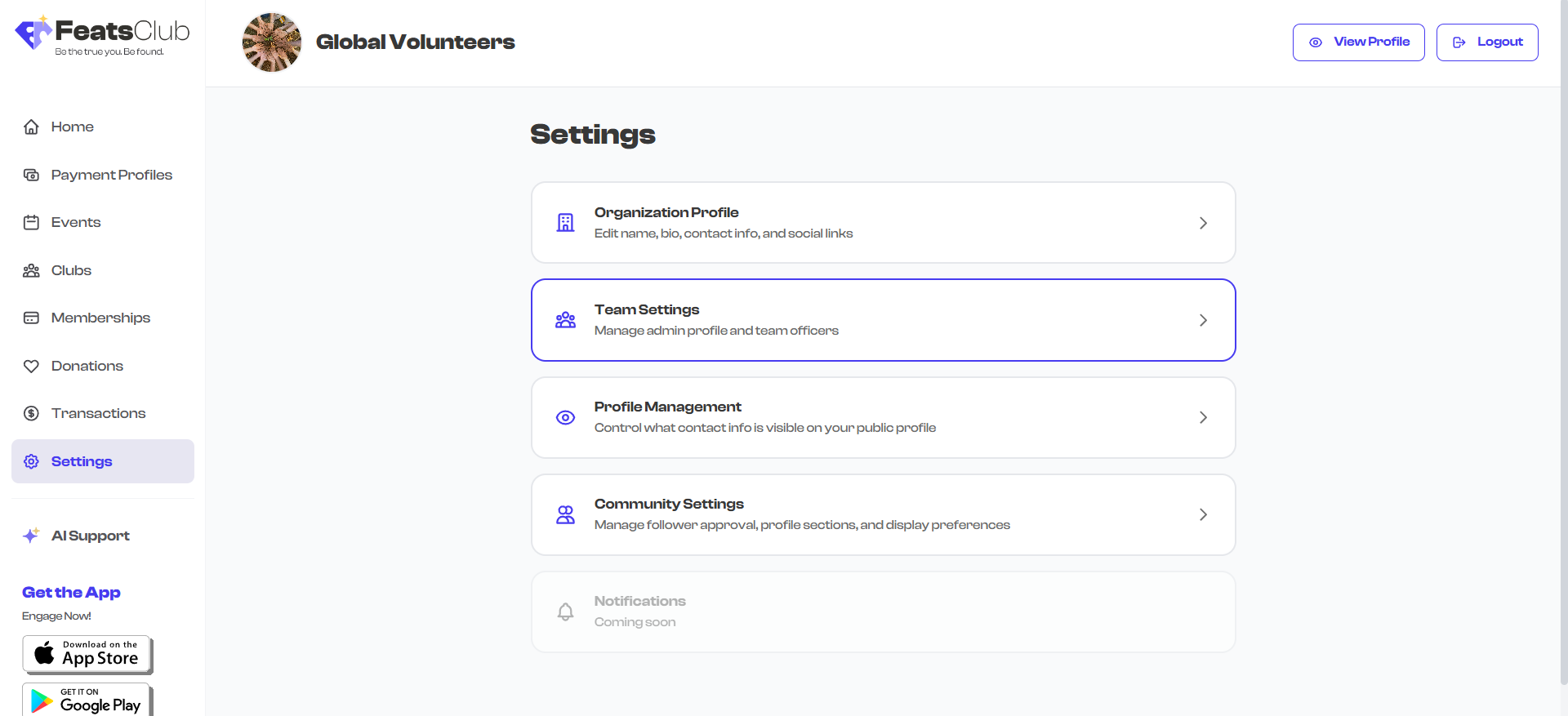 Team Settings page
