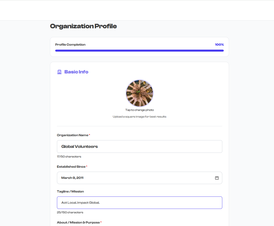 A fully completed organization profile showing all fields filled in