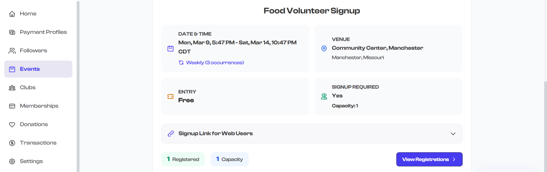 Capacity indicator on event page
