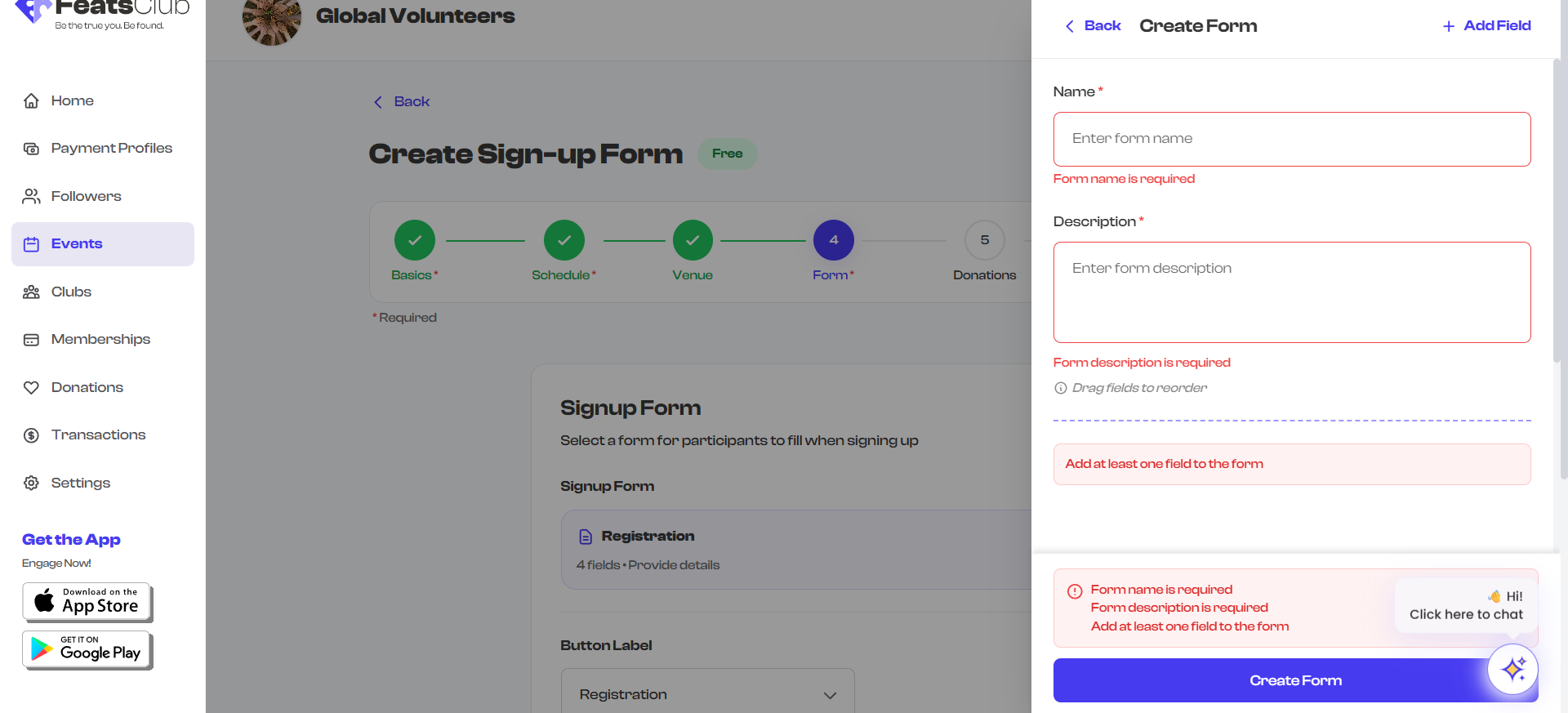 Form validation error