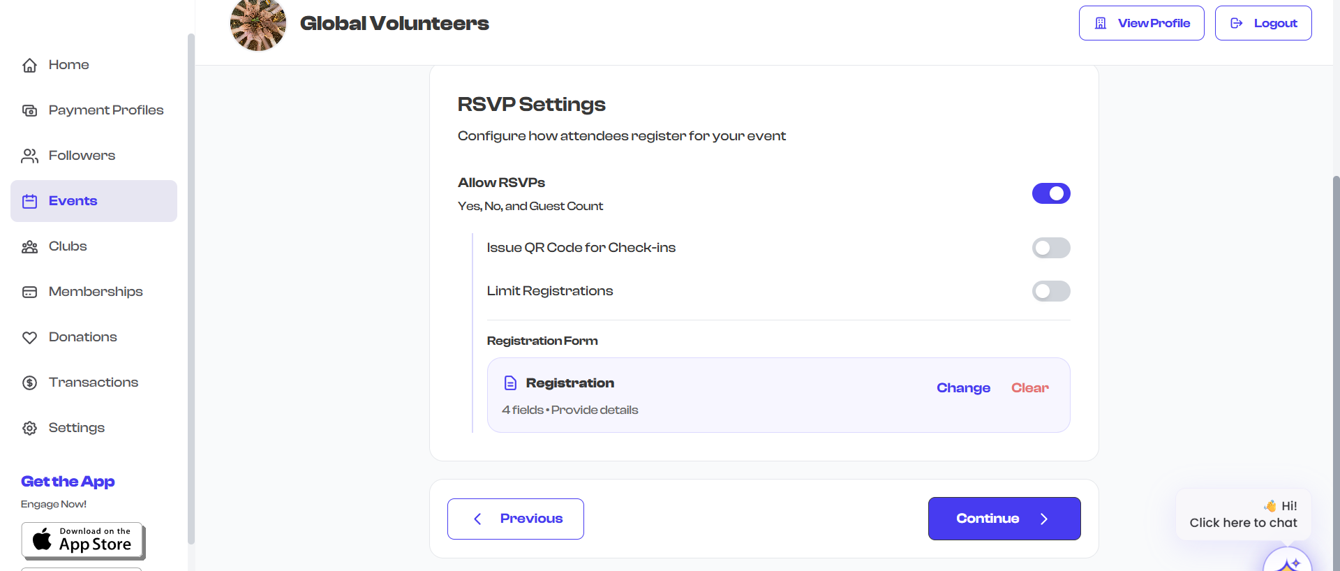 RSVP event configuration options