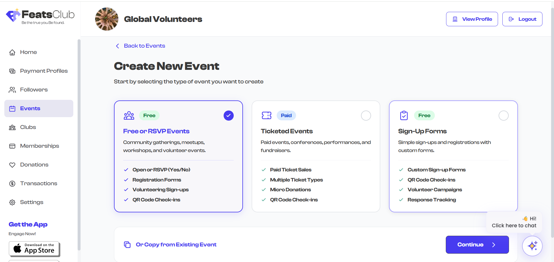 Selecting RSVP event type