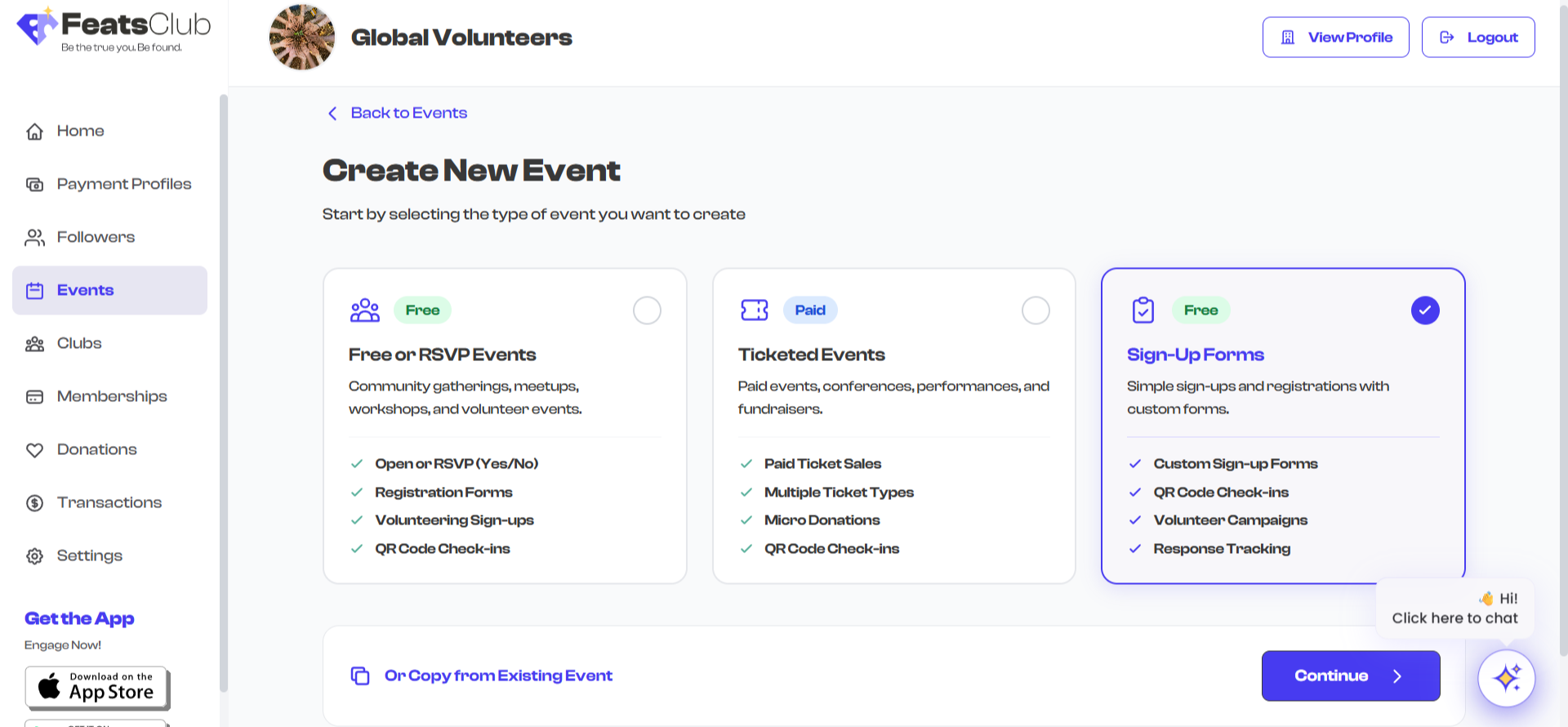 Selecting Sign-up event type