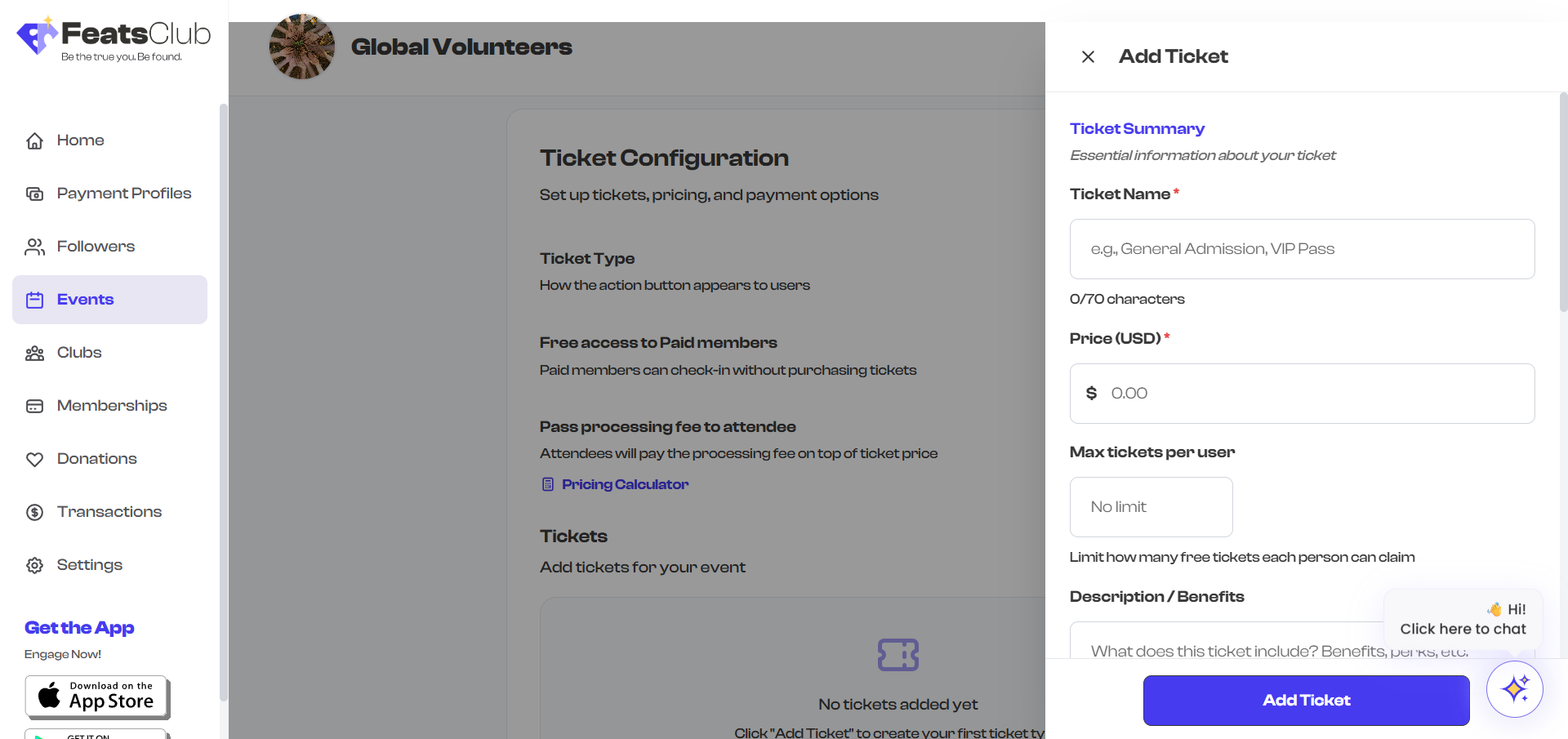 Add Ticket side panel