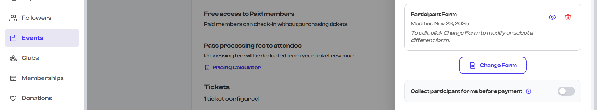 Collect forms before payment toggle