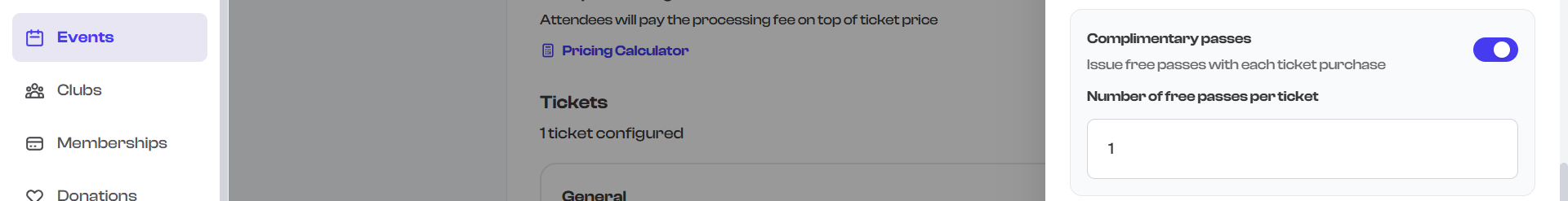 Complimentary passes toggle and input