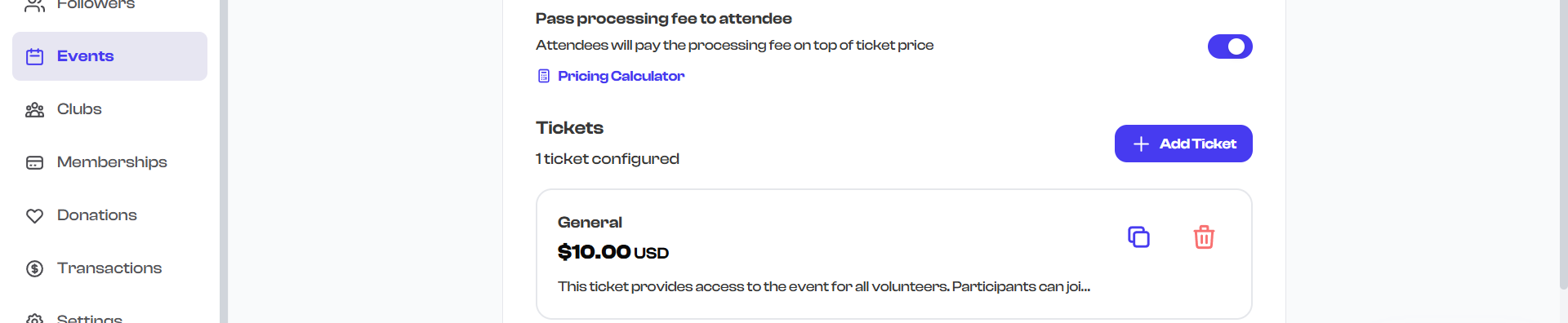 Processing fee toggle