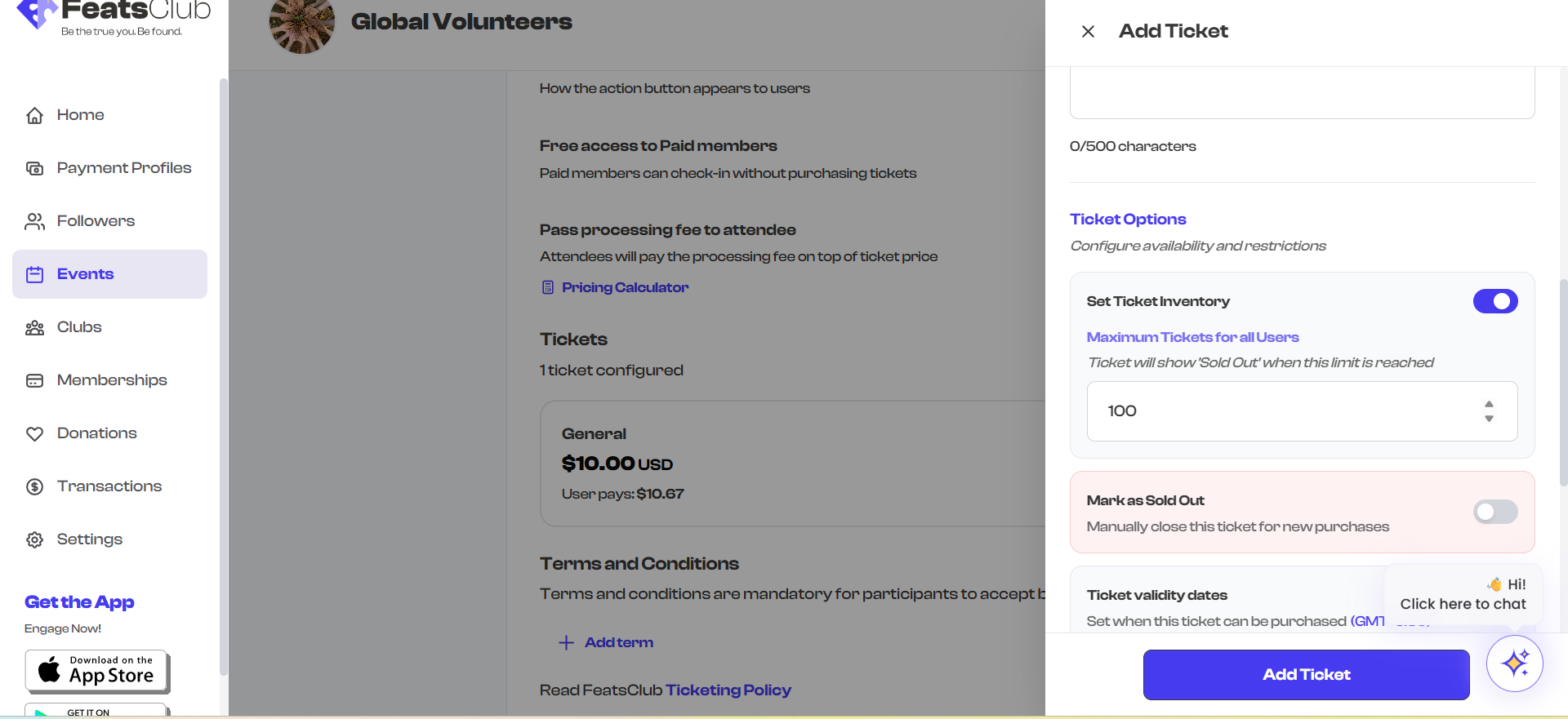 Set Ticket Inventory toggle and input