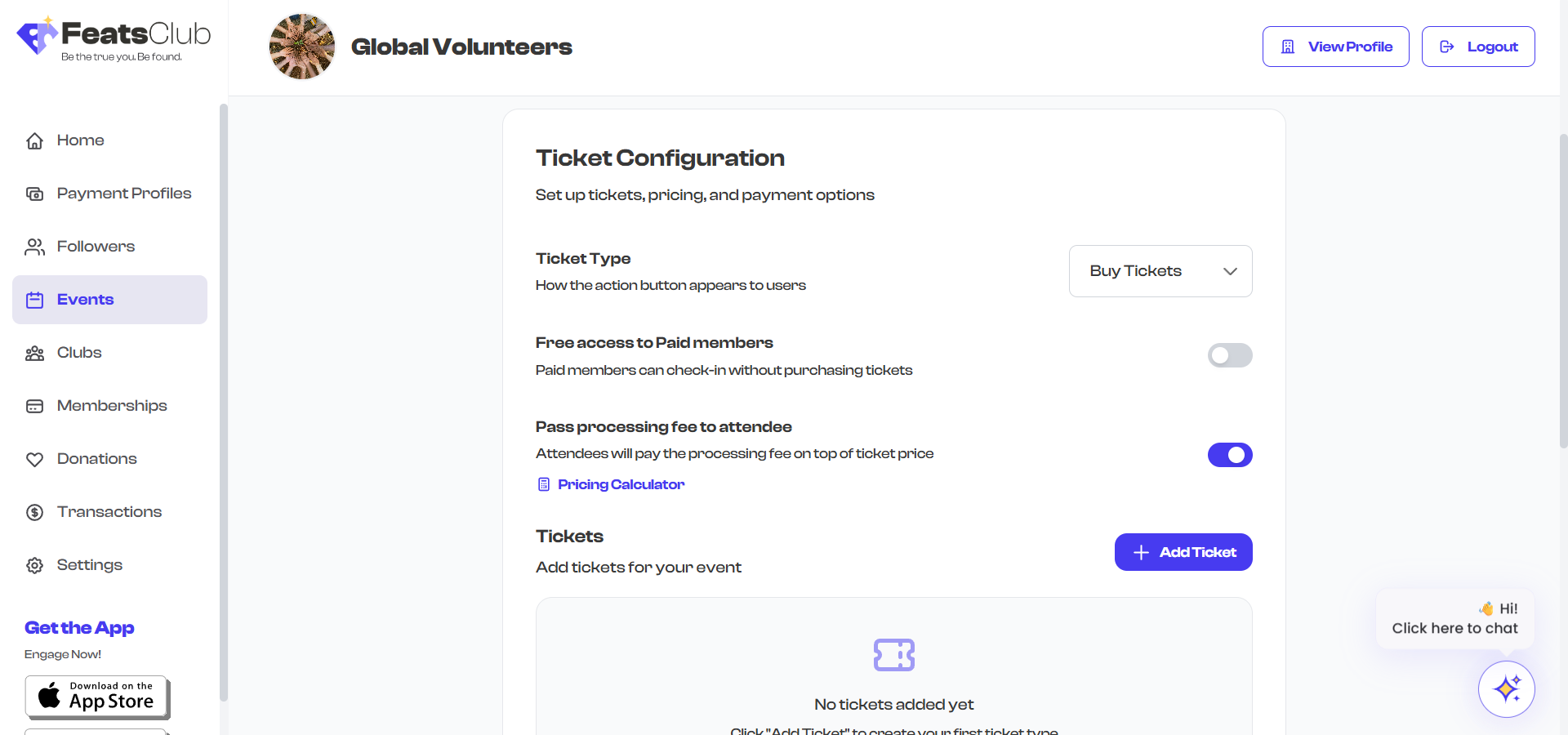 Ticket type selector dropdown