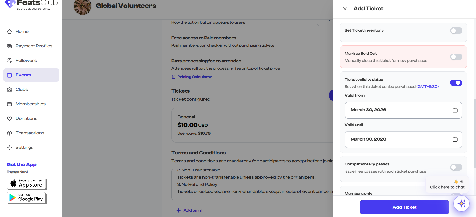 Ticket validity dates section